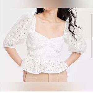 A New Day Cropped White Eyelet Puff Sleeve Top- L
